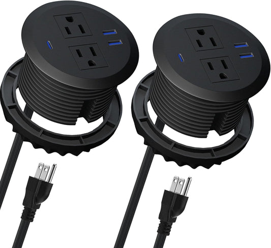 2PCS 3 Inch Desktop Power Grommet,20W USB C Fast Charging Station,3-USB Port,Flush Mount,6.5 ft Power Cord.Round Recessed Power Outlet,Desk Hole Grommet Outlet for Workspace,Sofa,Black