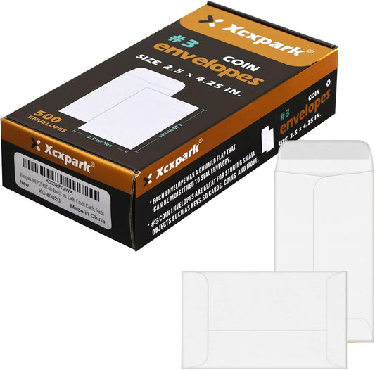 500 PCS #3 Coin Envelopes, 2-1/2'' x 4-1/4'' inches White Kraft Envelopes Classic Small Parts Envelopes with Self Adhesive Gummed Flap for Coins, Cash, Credit Cards, Seeds