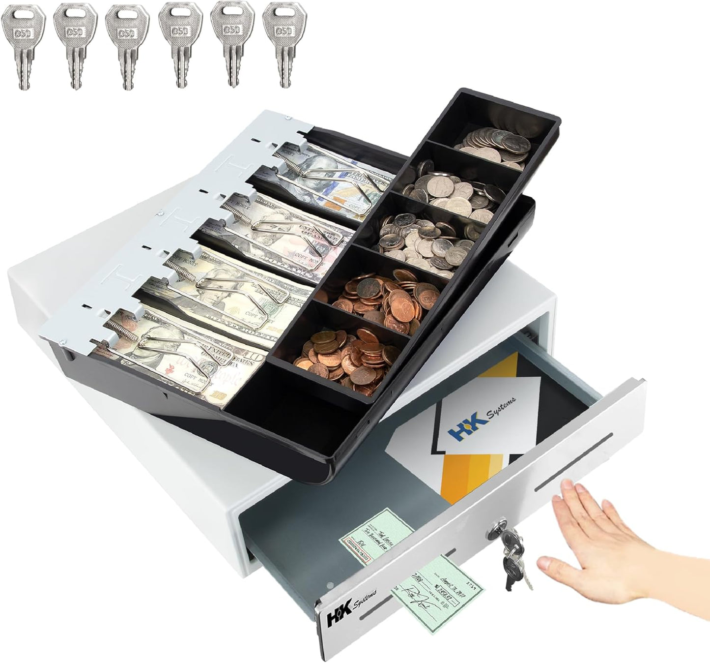 HK SYSTEMS 13inch Heavy Duty Manual Push-Open Cash Drawer with 4Bill/5Coin, Removable Till, "Stainless Steel Front" with Single Large Media Slot,White