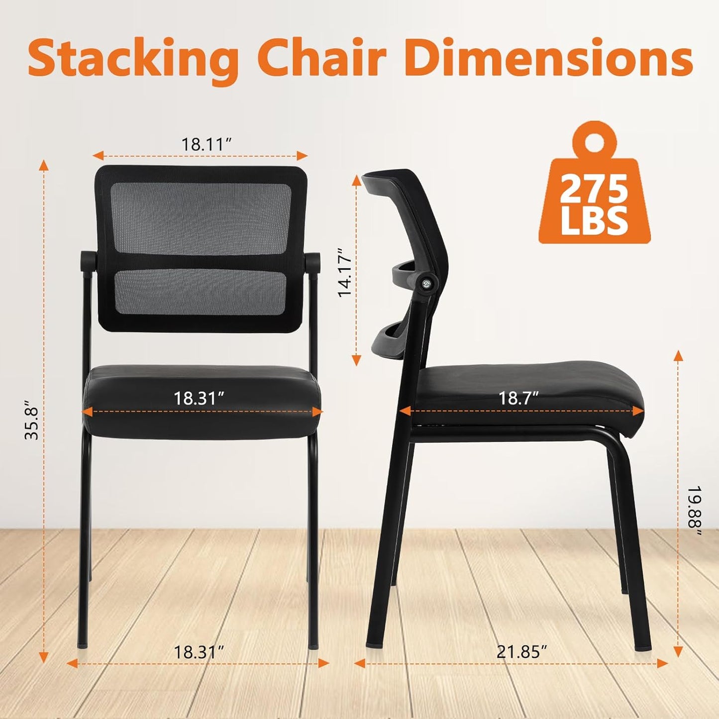 CLATINA Stackable Waiting Room Chair with Adjustable Mesh Backrest, Armless Office Guest Reception Chairs with Leather Cushion and Ergonomic Lumbar Support for Conference Lobby Side School, Black, 2PK