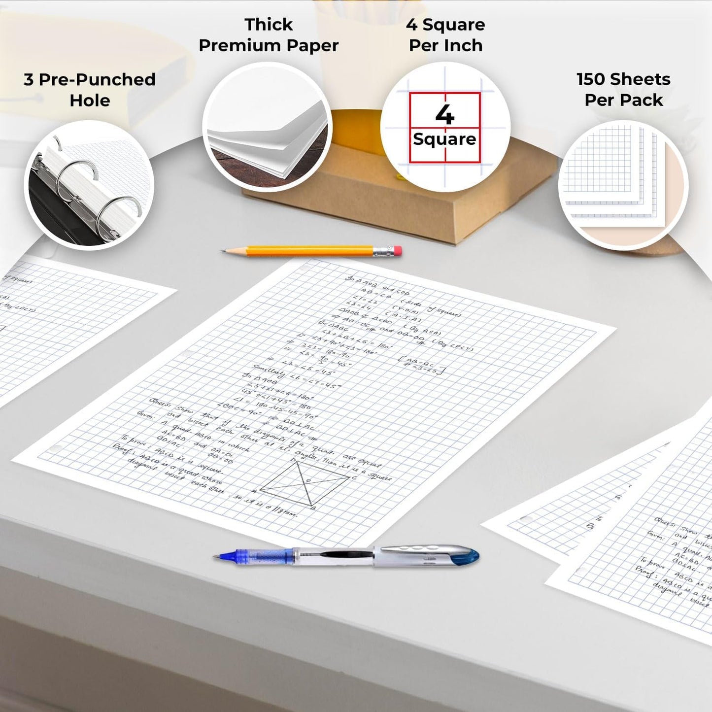 45 Pack, 6750 Sheets Graph Paper Bulk, 4x4, 8" x 10.5", Bulk Loose Leaf Paper, Bulk Grid Paper, Thick Graphing Paper, Fights Ink Bleed, 3 Hole Punched, Quad Ruled Sheets, Bulk School Supplies