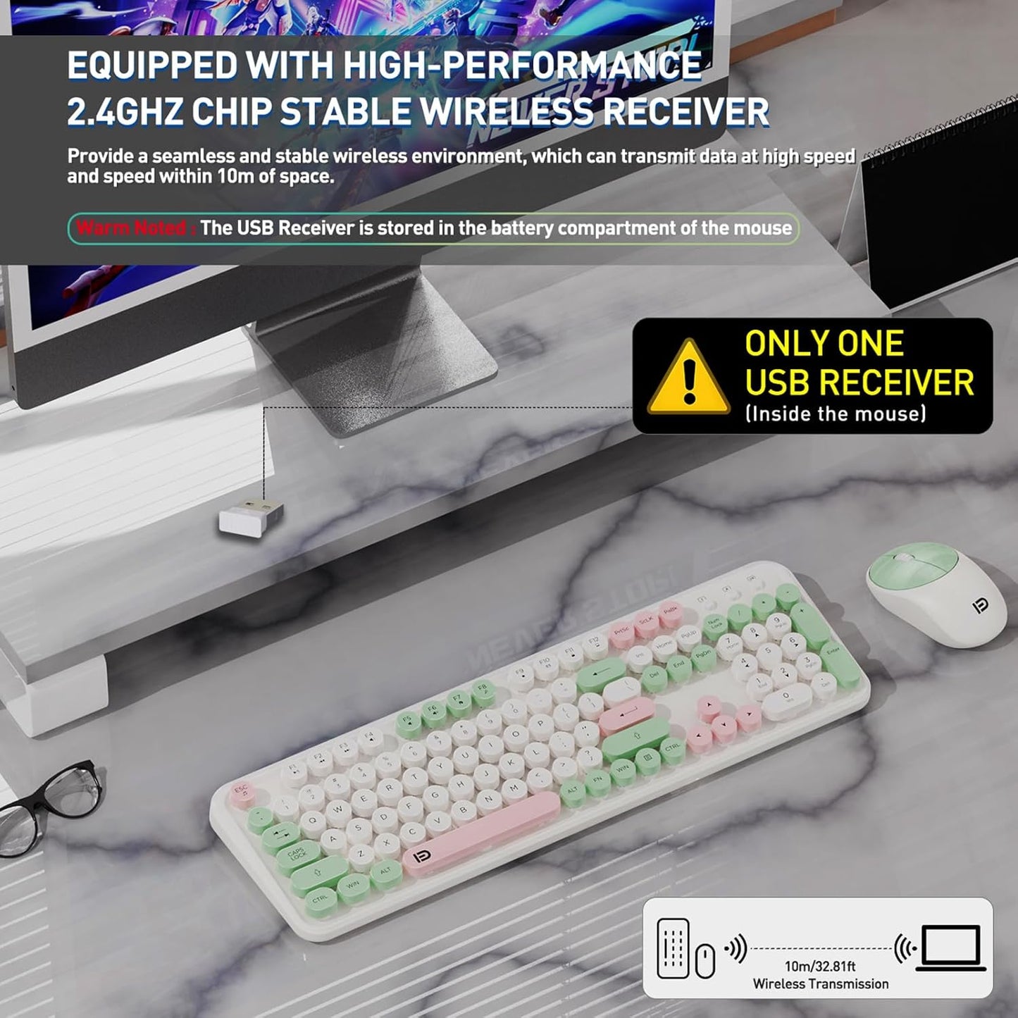 FD 2.4GHz Wireless Keyboard and Mouse Set with Switch Button - Full-Size Keyboard - Compatible for Windows/Laptop/PC/Notebook/Smart TV and More - Milky White Green Colorful