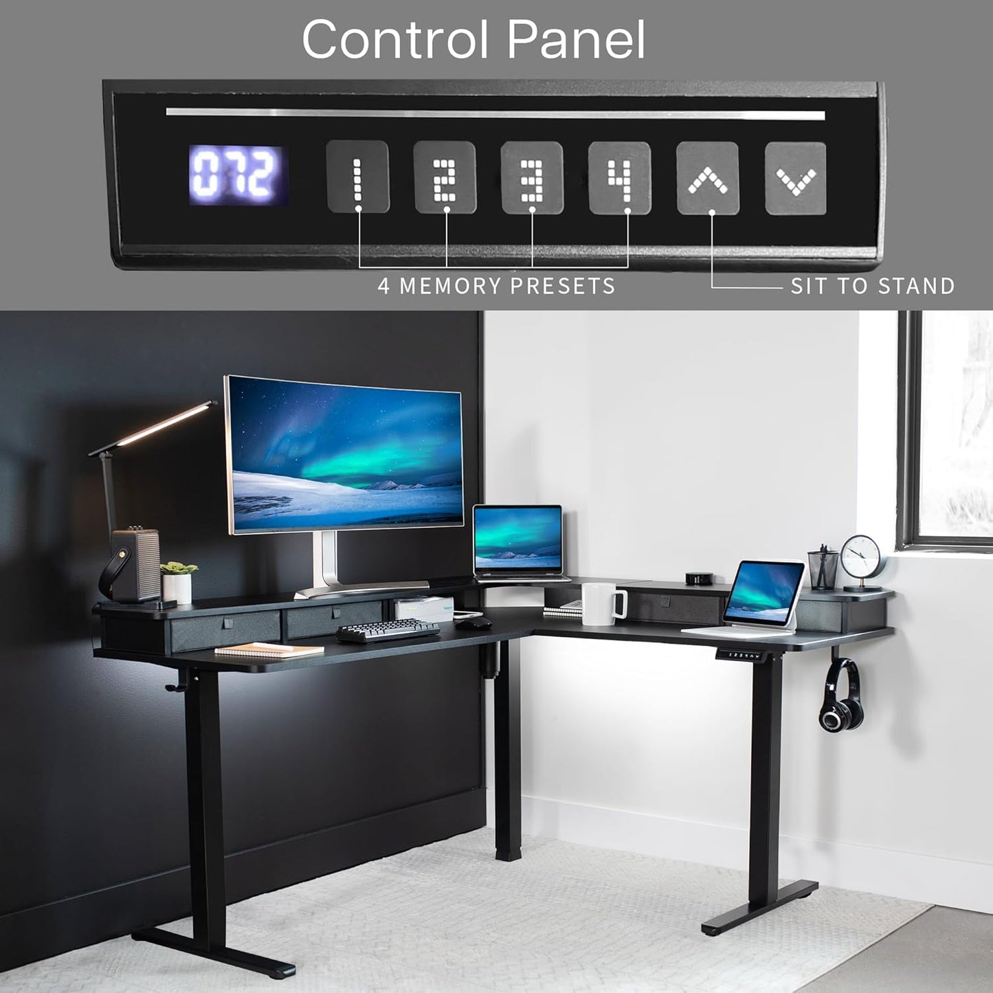 VIVO Electric 2-Tier Corner L-Shaped 63 x 55 inch Standing Desk, Height Adjustable, Memory Controller, Black Top Black Frame, Dark Gray Drawers, DESK-E3CVB