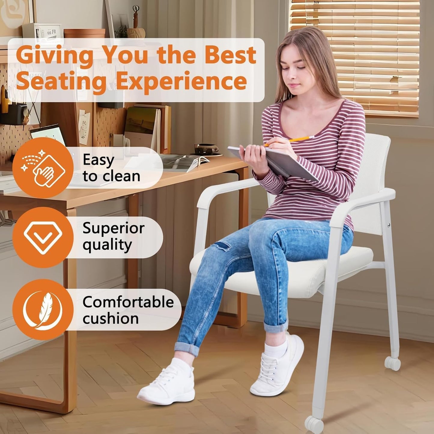 CLATINA Stacking Office Chairs with Wheels | Mesh Back, Thicken Leather Seat and Streamline Armrests, Ergonomic Lumber Support | School, Desk, Guest Reception, Waiting, Conference | Set of 8, White