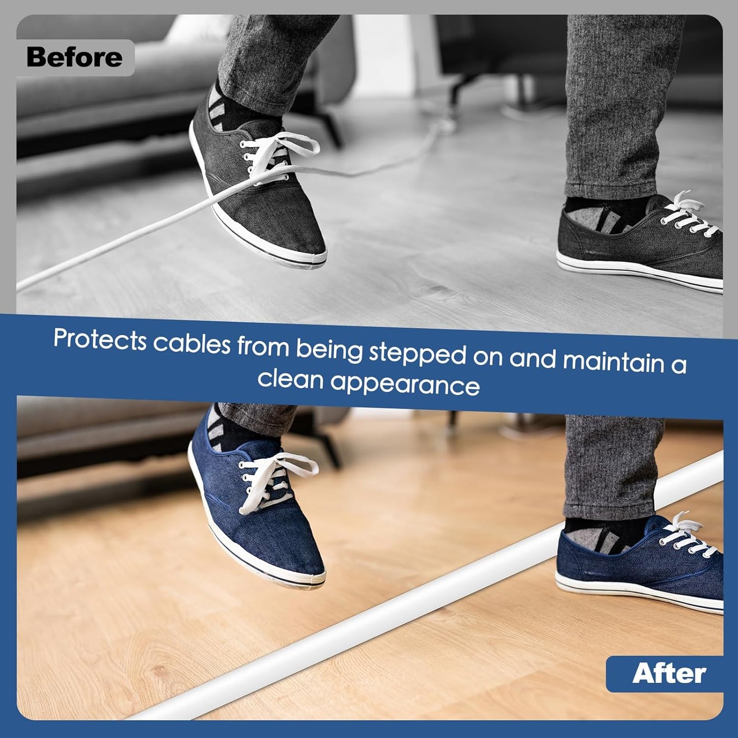 Floor Cord Cover for Wires on Floor Self Adhesive Cord Hider Floor Cable Management Wire Covers for Cords Protector Prevent Cable Trips Cord Cavity W 0.51" x H 0.31", White, 20Ft