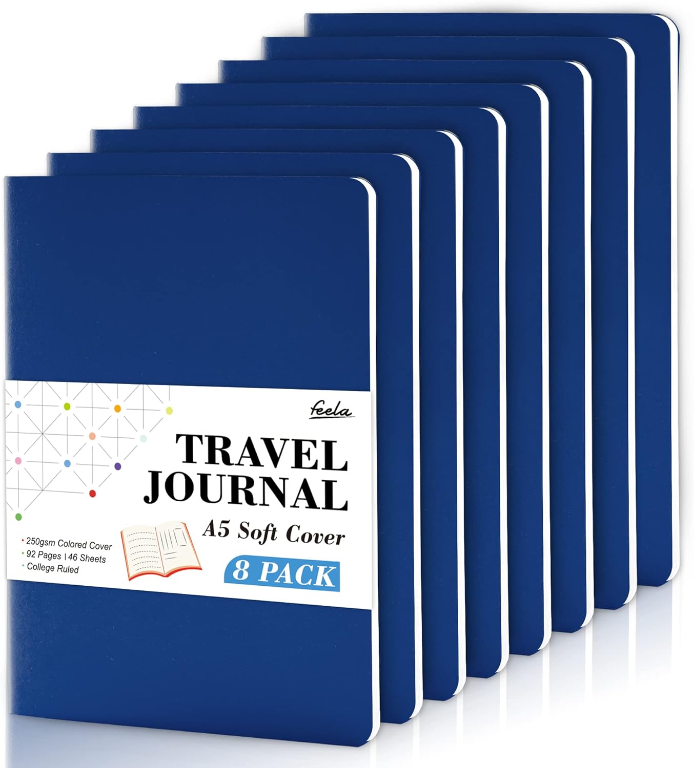 8 Pack Soft Cover Journal Bulk, Feela Notebooks College Ruled for Work, Lined Travel Journal for Women Men, Note Taking Notebook School Supplies Business Writing, 8.2” x 5.5”, A5, Navy