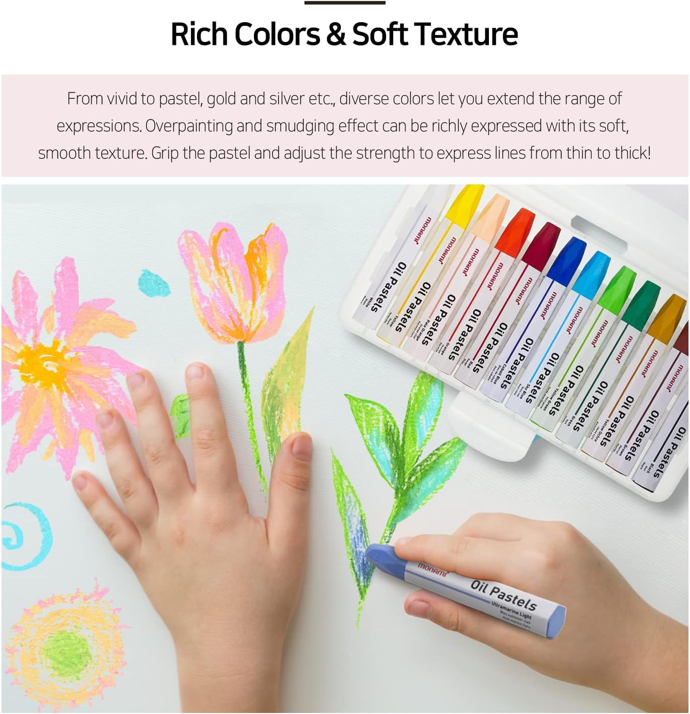 MONAMI Jumbo Size Hexagonal Oil Pastels for Kids and Students, 48 Vivid Colors +2 Extra (Total 50) with Carrying Case