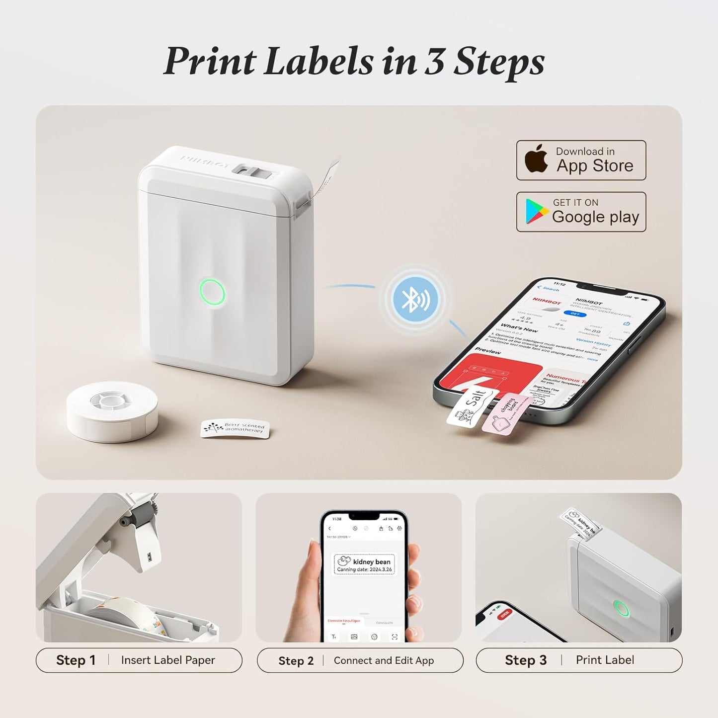 NIIMBOT Label Maker Machine Bluetooth Label Printer for School Home Office Organization, Wireless Mini Label Maker D110 Upgraded Version, Sticker Label Maker with 3Rolls Labels