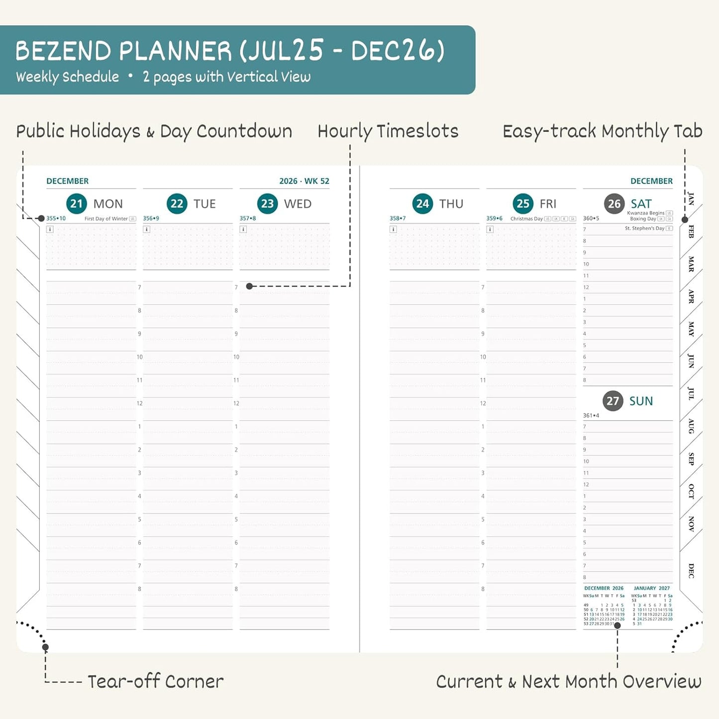 BEZEND Planner 2025-2026 Weekly and Monthly, 8.5" x 11" Academic Calendar (Jul 25-Dec 26) Vertical Daily Appointment with Hourly Timeslot & Monthly Tab, PU Leather Hardcover - Cornflower