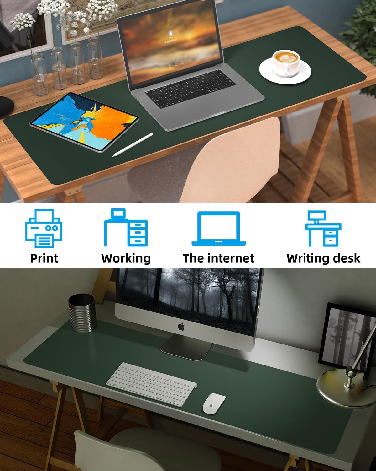 Leather Desk Pad Protector, Large Mat, Mouse Pad, Non-Slip PU Leather Blotter, Cover for Keyboard and Mouse, Office & Home (Dark Green, 48" x 17")