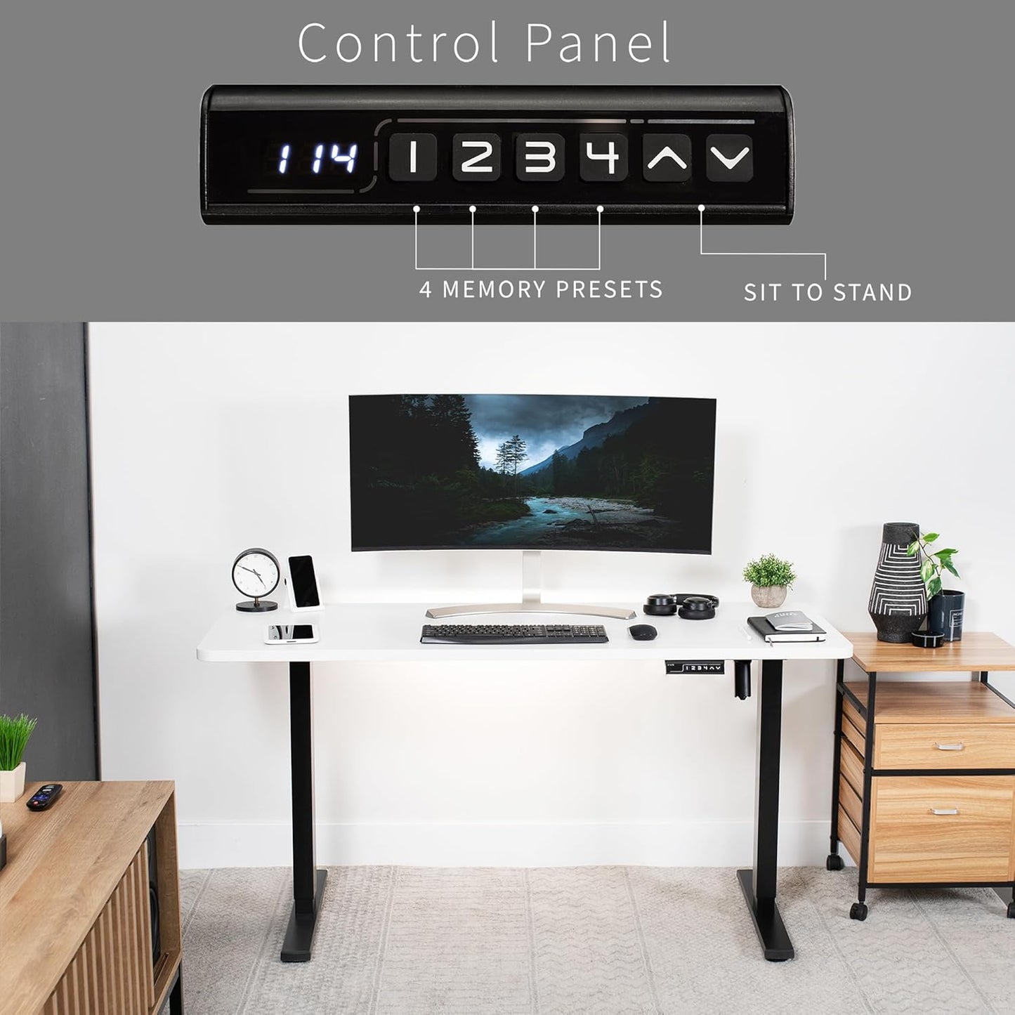 VIVO Electric 60 x 24 in Standing Desk, Memory Height Adjustment, 1B Series, One-Piece White Top, Black Frame, DESK-KIT-1B6W
