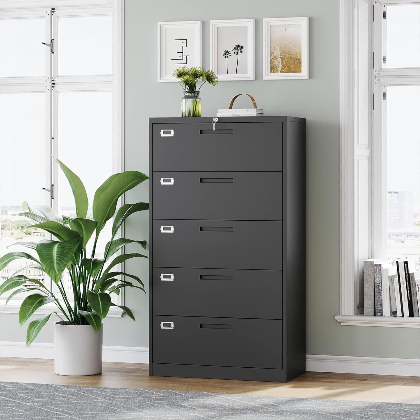 Lateral Filing Cabinet,5 Drawer File Cabinet with Lock,Office Lateral File Cabinets for Legal/Letter A4 Size,Require Assembly, Black