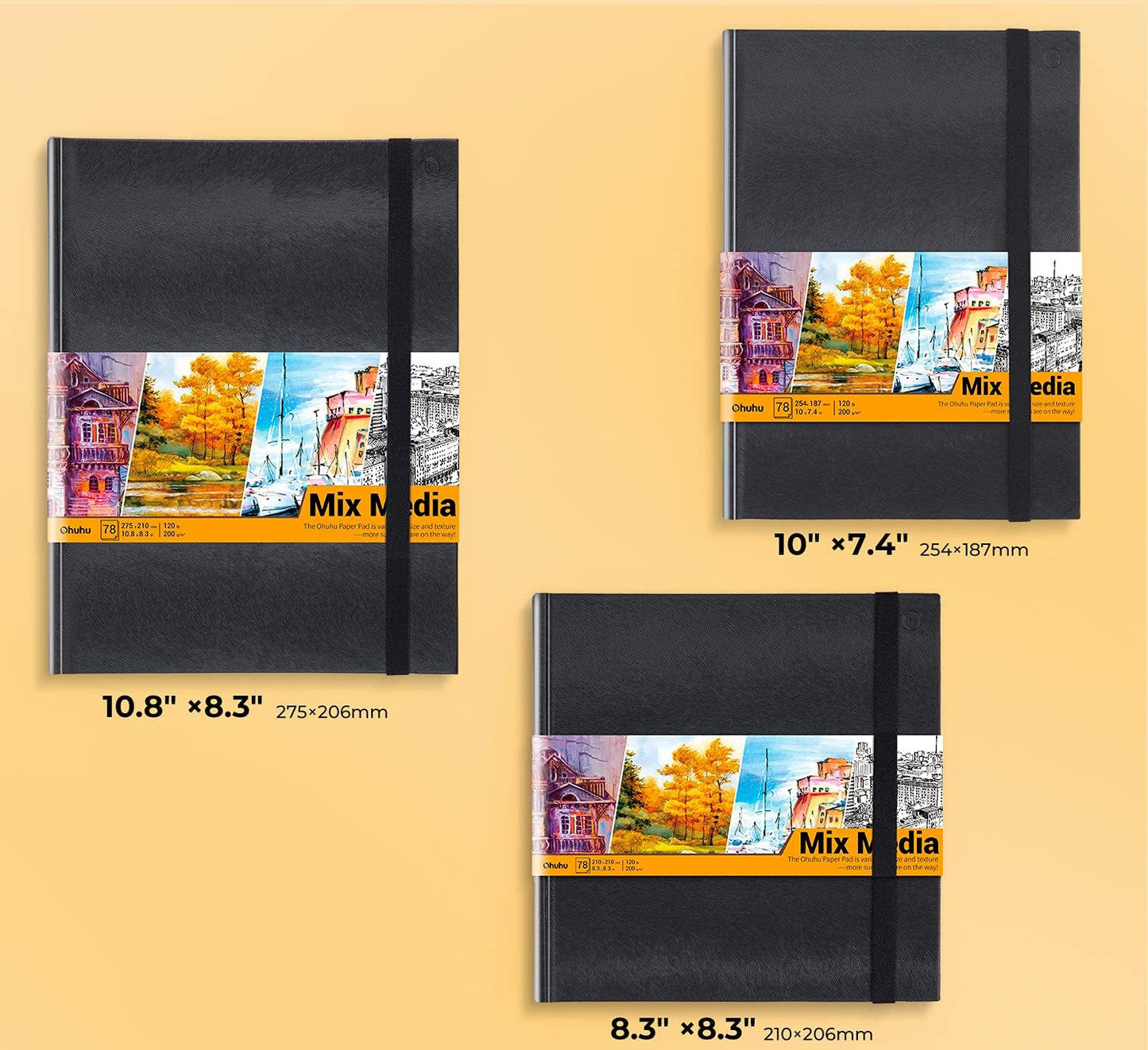 Ohuhu Mix Media Pad - 8.3"x8.3" Mixed Media Art Sketchbook, 120 lb/200 GSM Heavyweight Papers, 78 Sheets/156 Pages, PU Hardcover Mixed Media Paper Pad for Acrylic Painting Christmas Gift