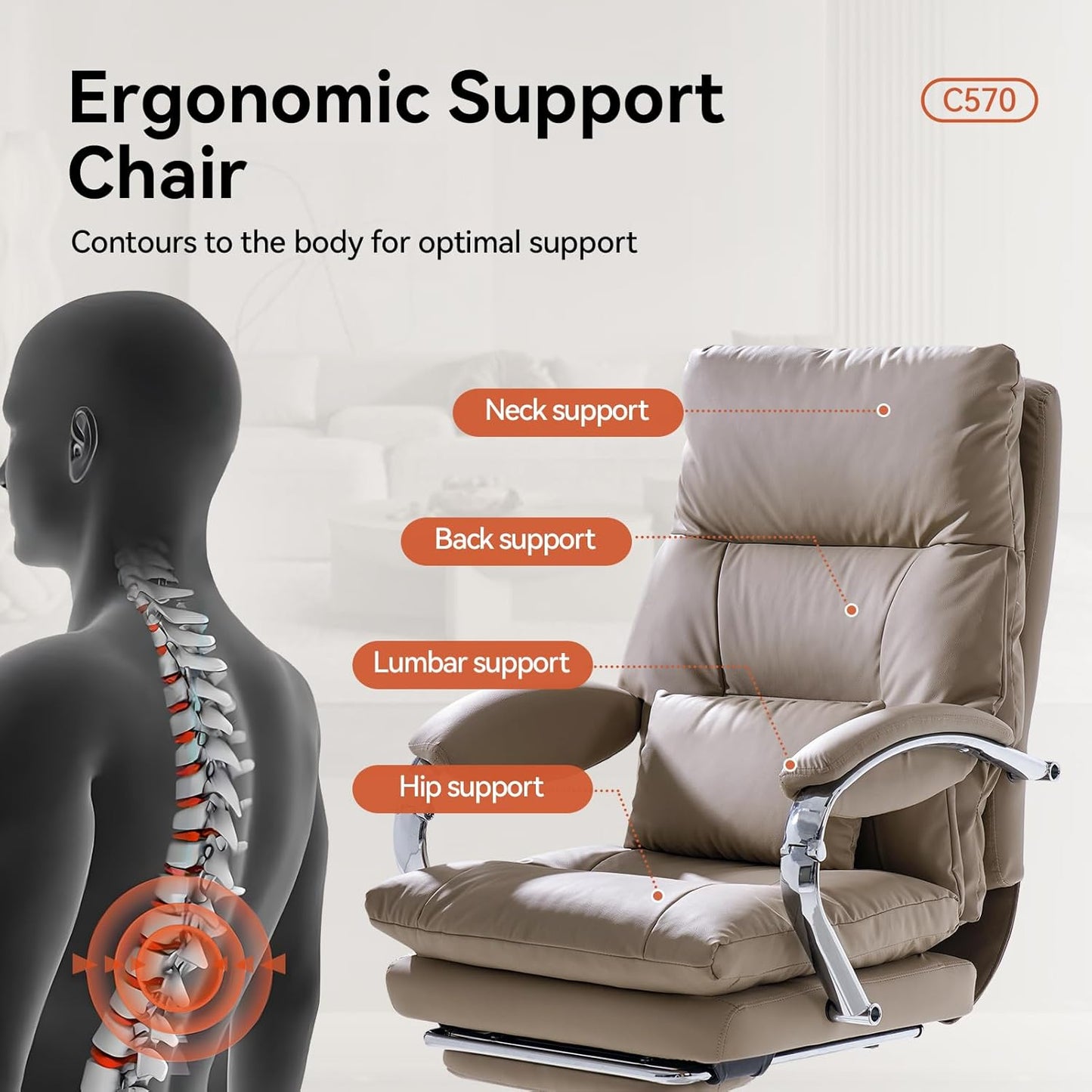 LEAGOO Reclining Office Chair with Foot Rest, Executive Office Chairs with Arms, Ergonomic High Back PU Leather Comfy Swivel Computer Desk Chairs with Wheels and Lumbar Support for Home Office, Khaki
