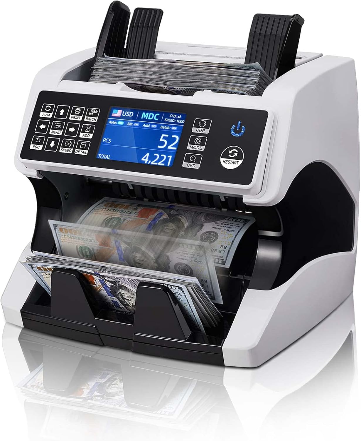 MUNBYN IMC01 Bank Grade Money Counter Machine Mixed Denomination, 2CIS/UV/IR/MG/MT Counterfeit Detection, Serial Number, MUL Currency Cash Counter, Printer Compatible, 2Y Warranty (White)