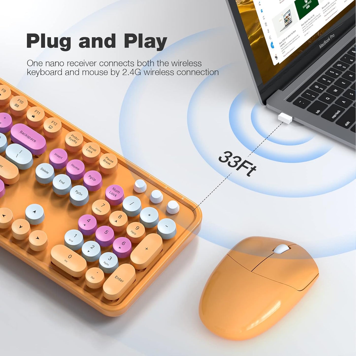 MOFII Wireless Keyboard and Mouse Combo, Retro Wireless Keyboard with Round Keycaps, 2.4GHz Dropout-Free Connection, Cute Wireless Mouse for PC/Laptop/Windows XP/7/8/10 (Orange-Colorful)