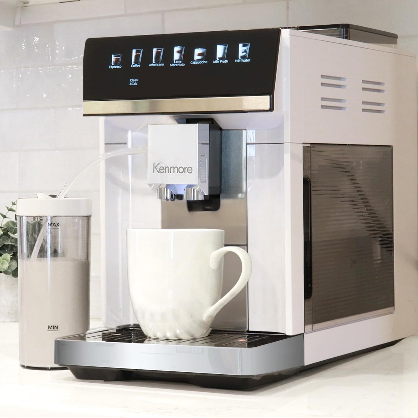 Koolatron Kenmore Espresso Machine – All-In-One Fully Automatic Coffee Maker With Auto Tamper, Descaler, Milk Steamer & Frother, Bean Grinder, Professional Barista Style Cappuccino, Cafe Latte, White