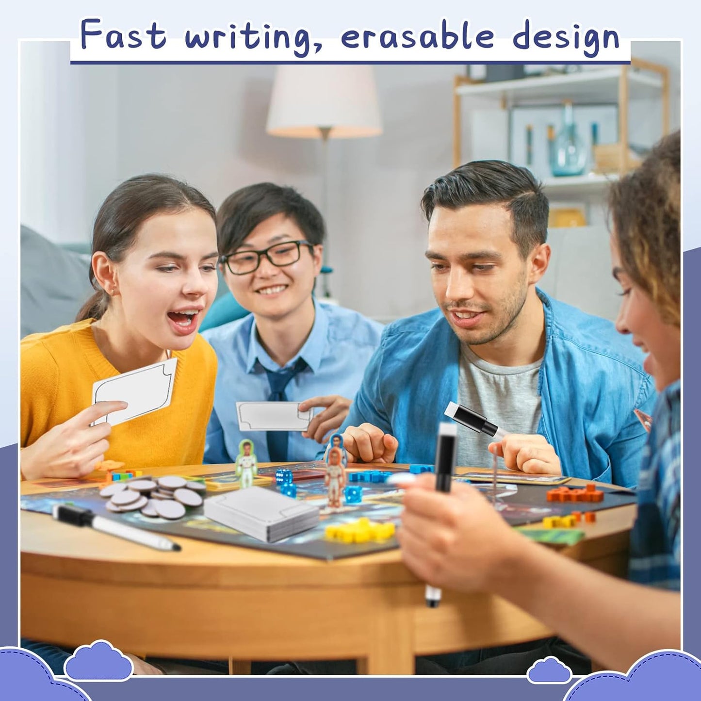 Teling 24 Pcs Reusable Multifunctional Tokens Dry Erase Cards White Blank Flash Erasable Index Cards, 24 White Erasable Plastic Counters Gaming Tokens Discs and 5 Marker Pens for Game