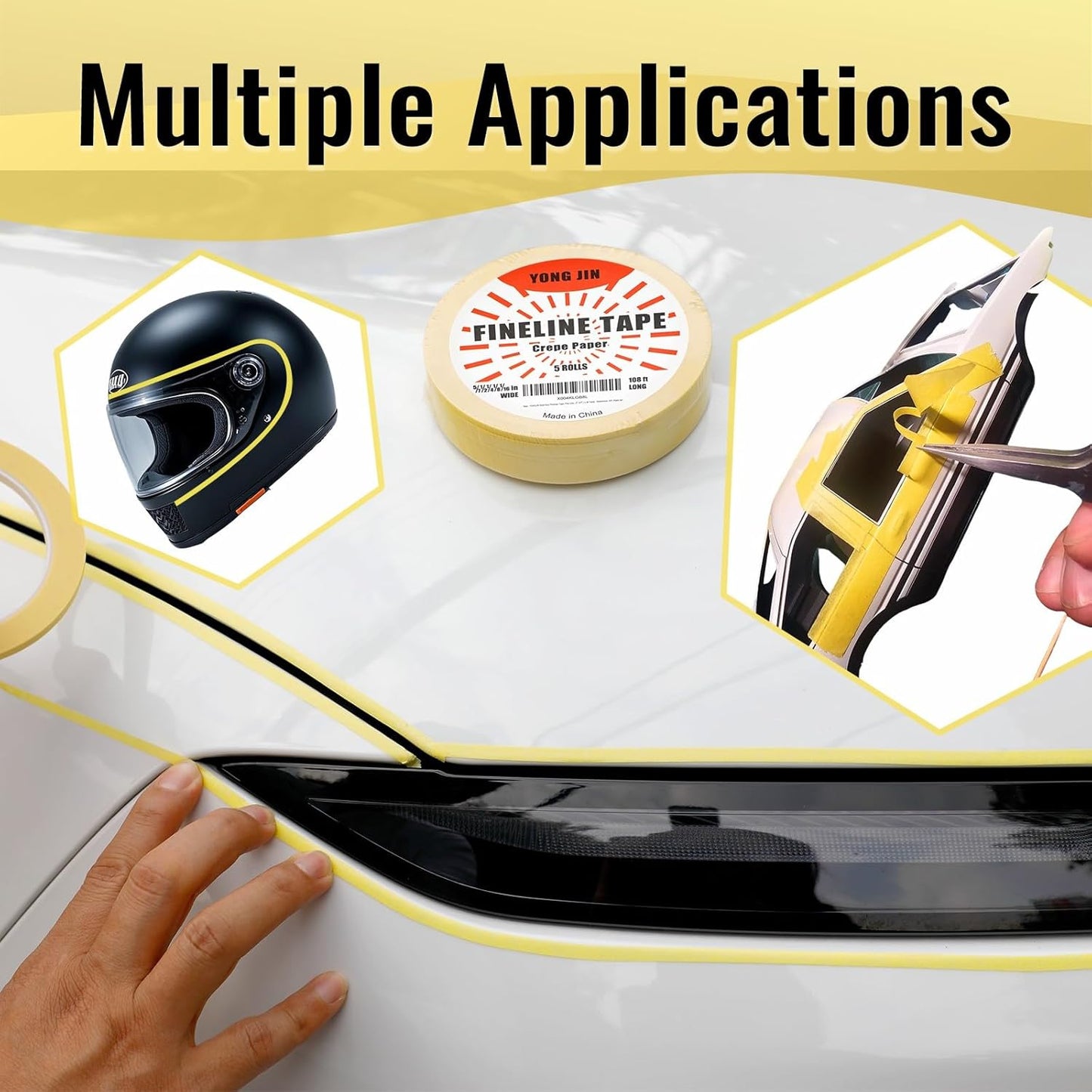 YONGJIN Multi-Size Pinstripe Tape, Fine Line Masking Tape Set for Automotive, DIY, Paint, Art (1/16", 1/8", 1/4", 1/2", 5/7")