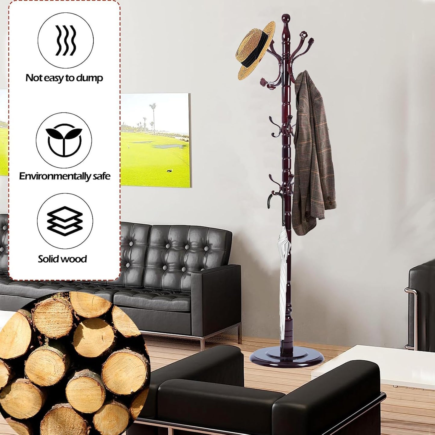 Coat Racks Free Standing with 14 Hooks, Natural Wood Coat Stands for Entryway, Adjustable Height 72 in Tree Coat Rack Stand for Hallway Home Office Bedroom (Mahogany Ruyi)