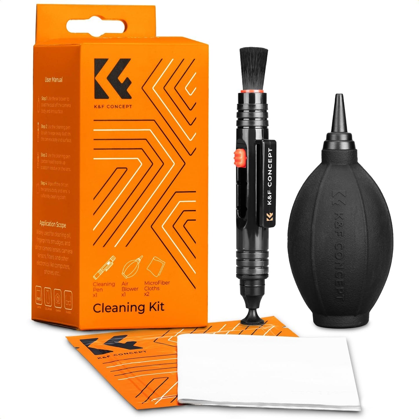 K&F Concept 4-in-1 Camera Cleaning Kit with Lens Brush Pen, Rocket Air Blower, Microfiber Cleaning Cloth, Lens Cleaner Kit for Canon Nikon Pentax Sony DSLR Cameras Cleaning Tool Accessories