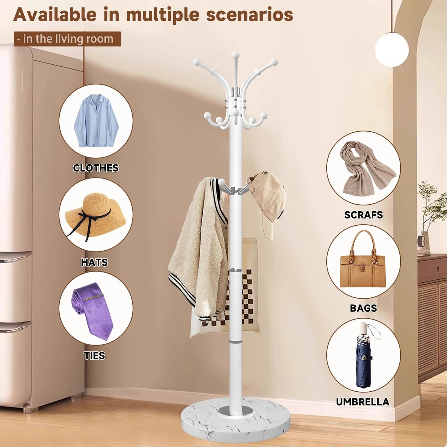 Metal Coat Rack Stand with Natural Marble Base, Modern Coat Rack Freestanding, 360°Rotary Coat Racks with 14 Hooks, Heavy Duty Coat Hall Tree Hanger Stand for Entryway, Office