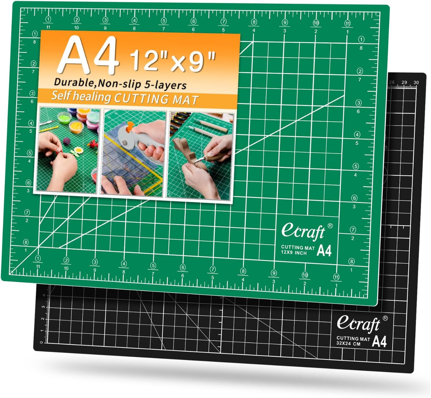 Ecraft Self Healing Sewing Mat - 9" x 12" Double Sided 5-Ply Cutting Mat for Craft, Sewing, Fabric,Quilting,Scrapbooking Project - Rotary Board Mats in Green/Black
