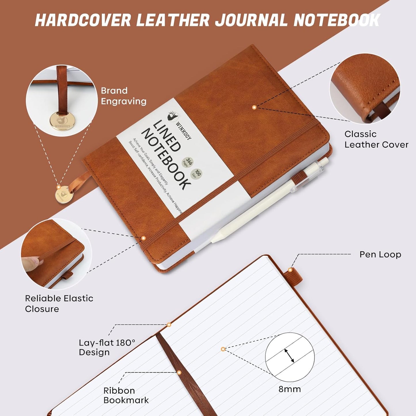 Lined Journal Notebook, 366 Pages, 100Gsm Leather Hardcover Journals for Writing Thick A5 College Ruled Classic Notebook with Pen Loop, Daily Journal for Women Men Travel Business Work Office
