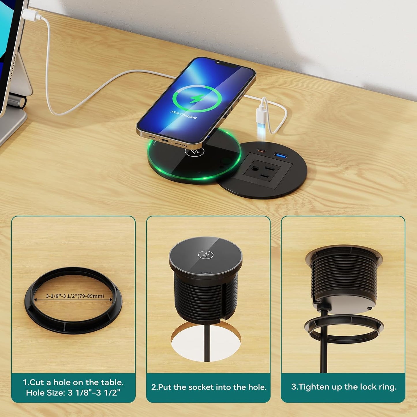 QBA Recessed Power Grommet with 15W Wireless Charger, PD 30W USB-C Port, 1 AC Outlet, 3-1/8 Inch Flush Mount Power Strip for Furniture Nightstand Desk Outlet, ETL Listed