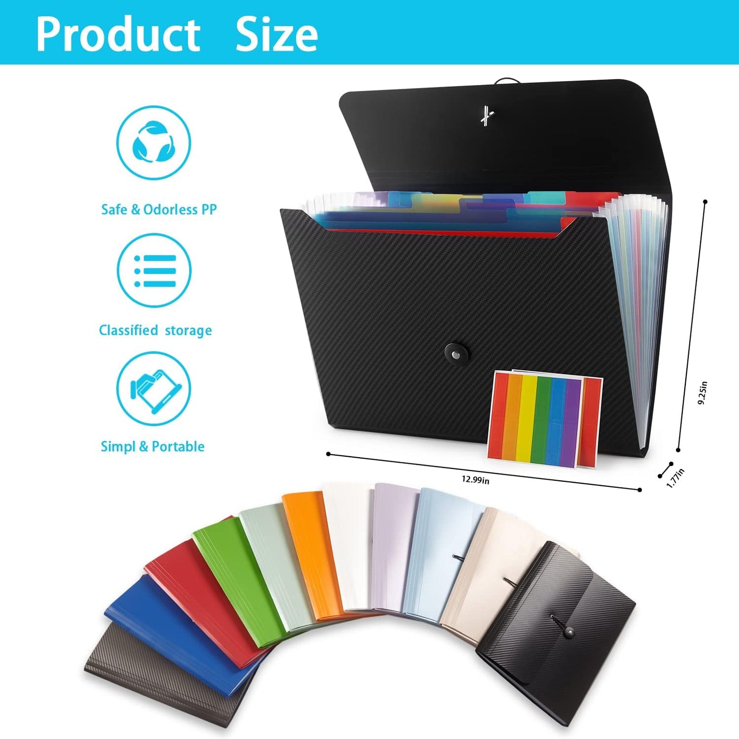 Expanding File Folder, 13 Pockets, Black, Polypropylene