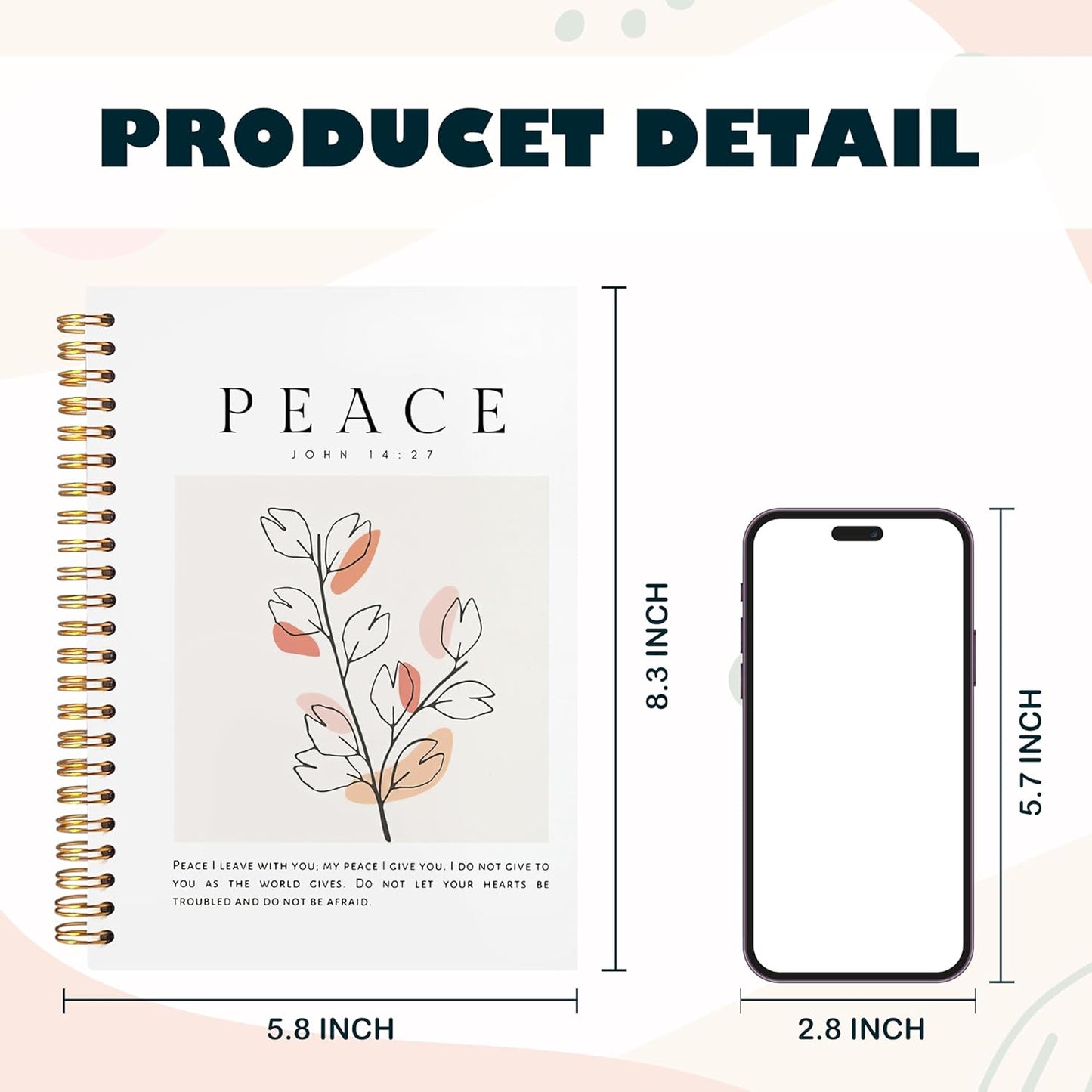 BearCake Peace I Leave with You Boho Floral Christian Notebook Journal, Christian Gifts for Women, Bible Notebooks for Note Taking, Bible Journaling Notebook, Hardcover Spiral Notebook 5.5x8.3