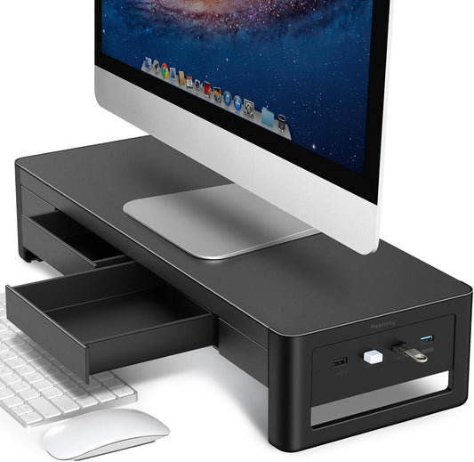 meatanty 2 in 1 Monitor Stand Riser with 2 Storage Drawers and 4 USB Ports, Metal Computer Monitor Stand Supports Transfer Data and Charging, Desk Organizer for PC,Laptop,iMac (21 inches)