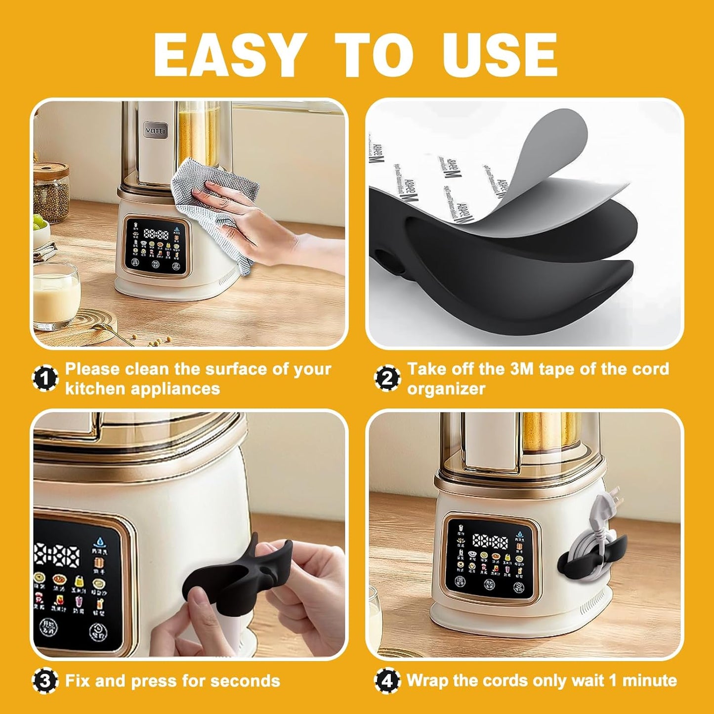Cord Organizer for Appliances, 4PCS Upgraded Kitchen Appliance Cord Organizer Stick On, Wire Organizers, Cord Holders, Command Hooks, Cord Wrapper for Appliances, Pressure Cooker, Mixers