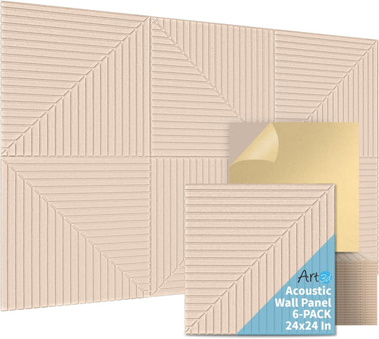 Art3d 6-Pack Self-Adhesive Acoustic Wall Panels for Home Décor, 24 x 24 Inch Soundproofing Panels for Office Studio Bedroom - High Noise Absorption Polyester Fiber, Camel