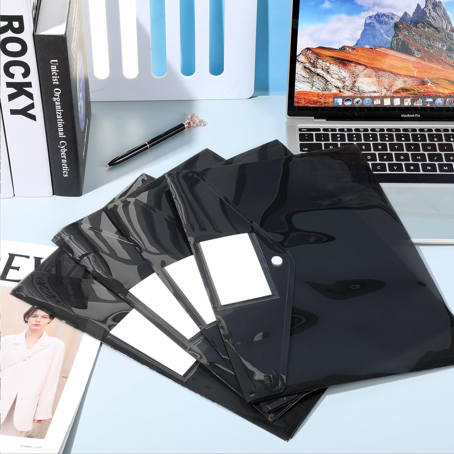 Yeaqee 50 Pcs Plastic Envelopes Poly Envelopes File Folders with Snap Button Closure Clear Folders for Documents US Letter A4 Size Filing Holder with Label Pocket for Home Office School(Black)