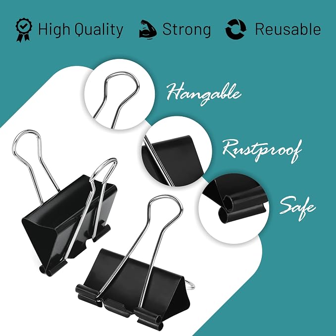 Binder Clips - 24 Small Binder Clips, 0.75 Inch Black Paper Clamps, File Clip - Image 5