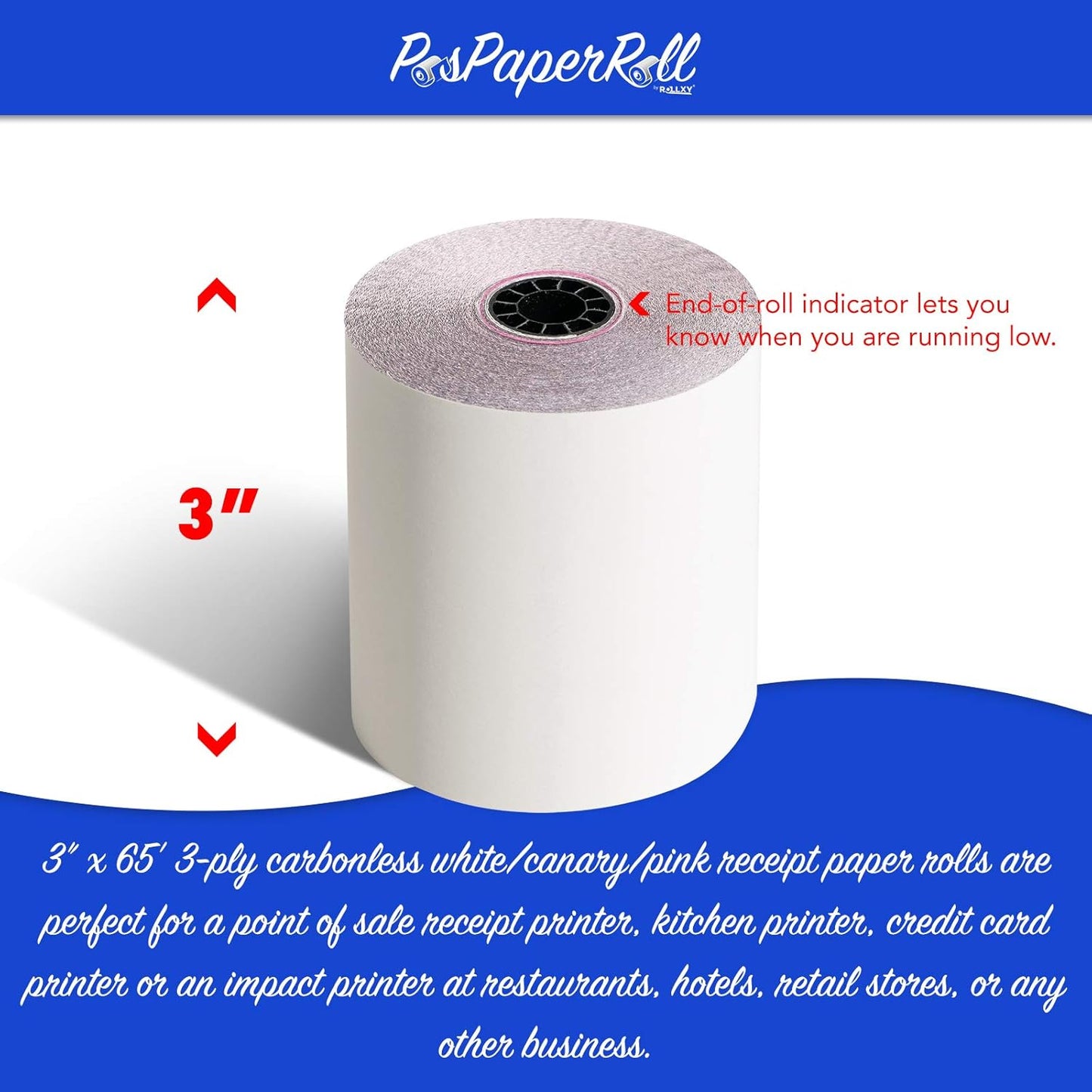 3" x 65' 3 PLY WHITE/CANARY/PINK CASH REGISTER PRINTER POS PAPER ROLL 50 ROLLS/CASE