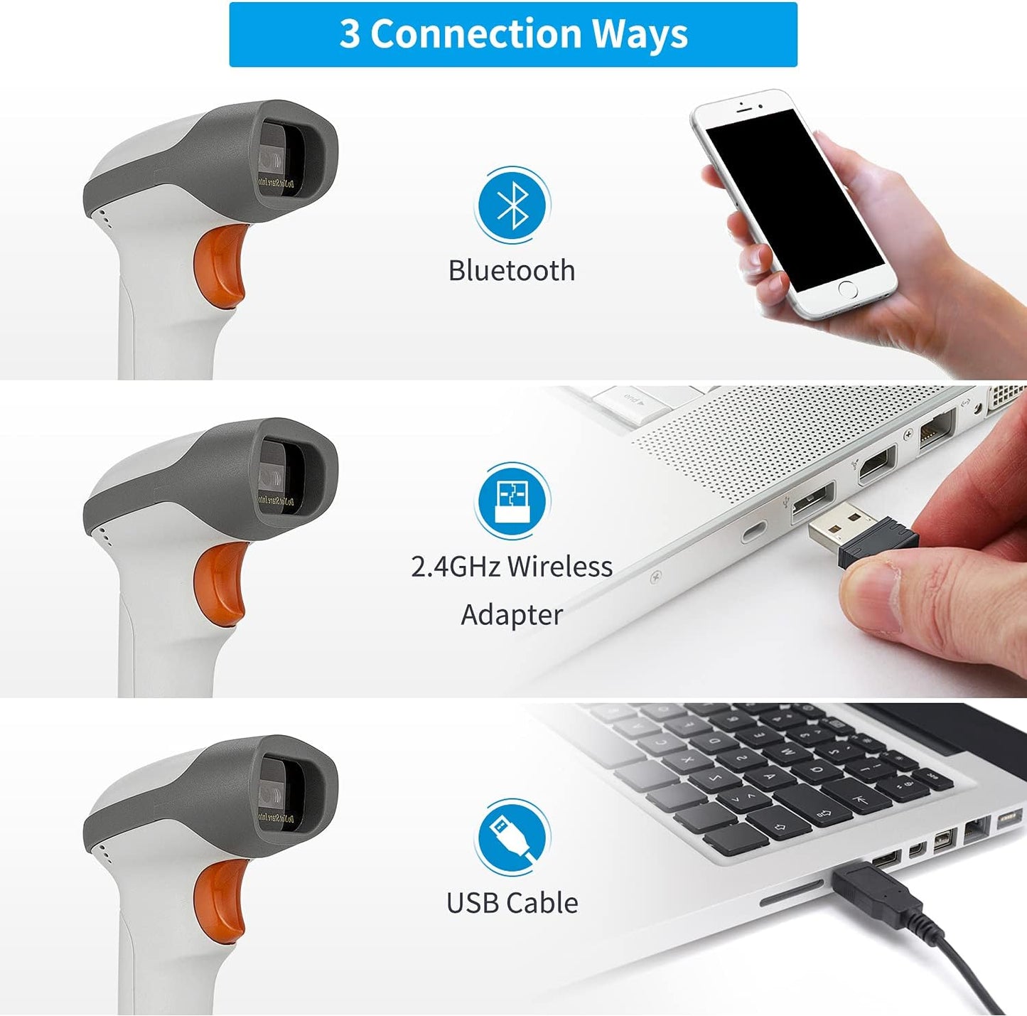 NetumScan Bluetooth Barcode Scanner, 3 in 1 Automatic Wireless 1D Barcode Scanner Handheld USB CCD Bar Code Reader for Store, Warehouse POS, Computer, Tablet, iPhone, iPad, Android