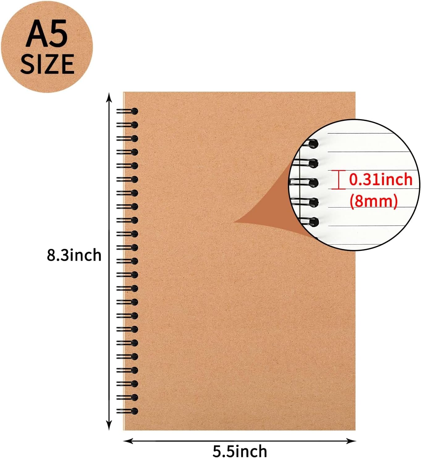 YOTNUS 150 Pcs A5 Spiral Notebooks Journal with Kraft Cover, 5x8 Inches, Ruled Lined Paper, for Work, Sketches, Study, Notes Taking, Gifts, Brown (150 PCS(Lined))