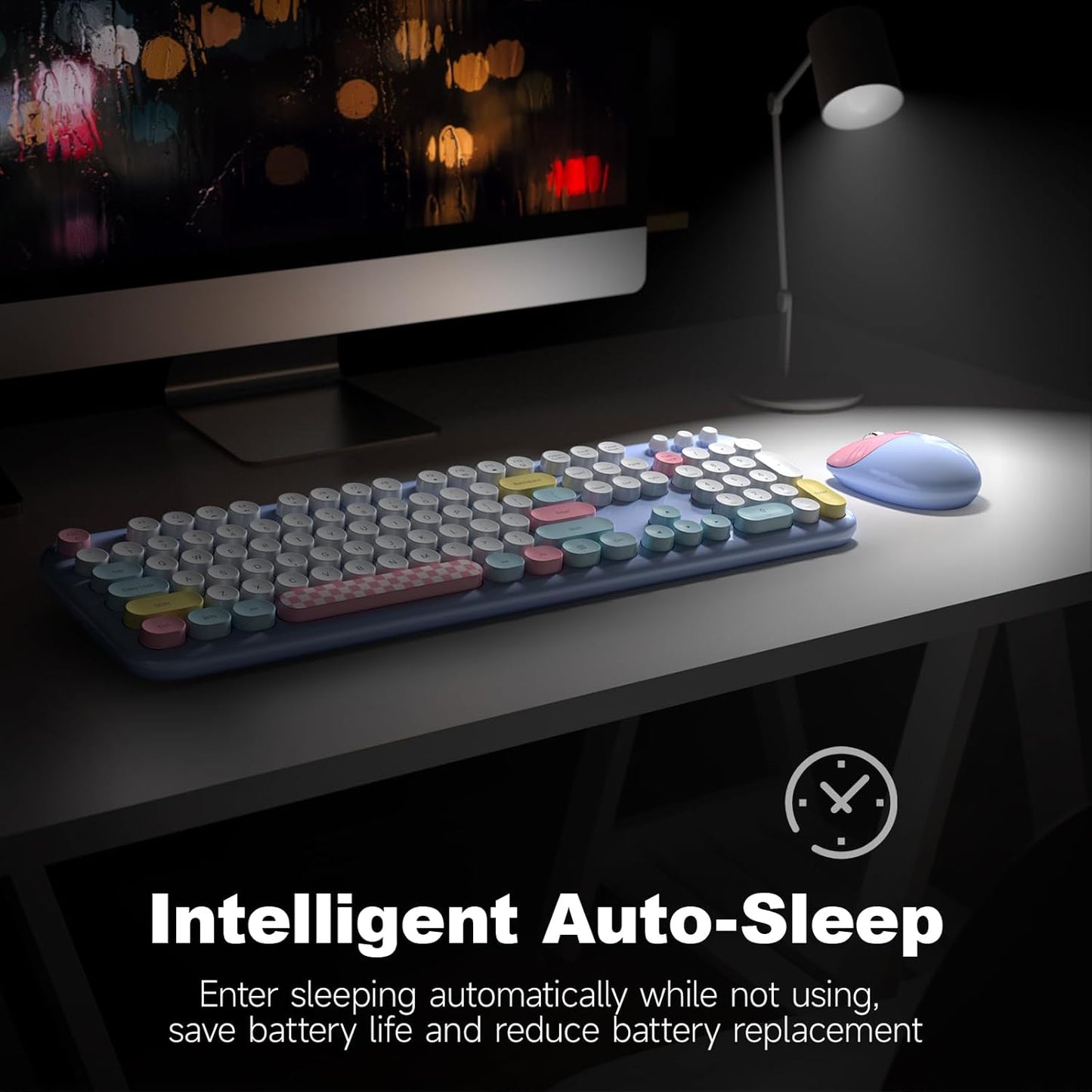 Wireless Keyboard and Mouse Combo for Windows, MOWUX 2.4G Full-Sized External Cordless Computer Keyboard, Compact Mouse, 8 Multimedia and Shortcut Keys, for PC, Laptop - Light Blue Colorful