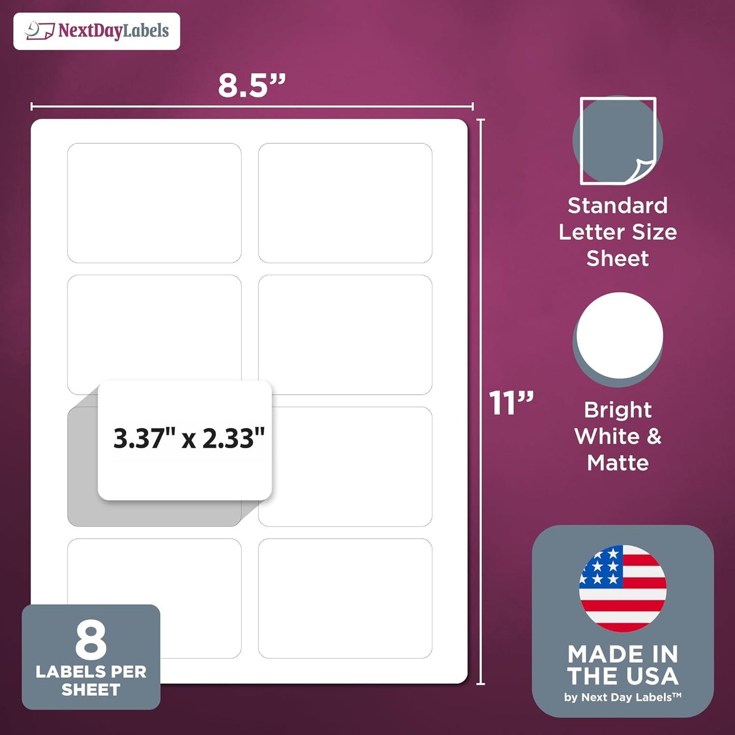 NextDayLabels – 3-3/8" x 2-1/3" Rectangular Sticker Labels for Printer - White Laser/Inkjet Printer Labels Return Address Labels Shipping Label Stickers (25 Sheets, 8 Per Sheet, 200 Labels)