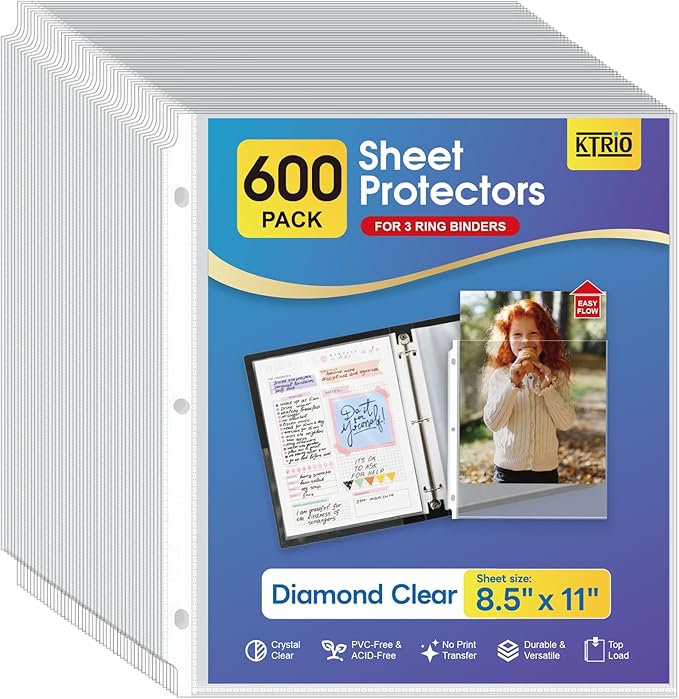 KTRIO Sheet Protectors for 3 Ring Binder 600 Pack, Plastic Sleeves 8.5 x 11 | by KTRIO
