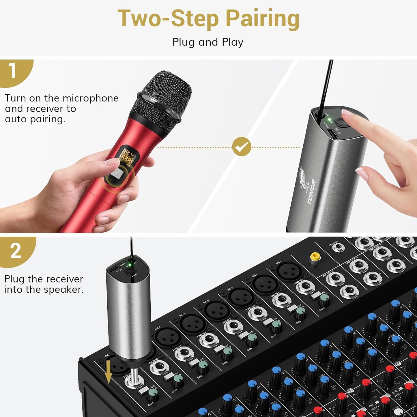TONOR Wireless Microphones, Dual UHF Metal Cordless Mics with Rechargeable Receiver, Handheld Dynamic Mic System, Microfonos Inalambricos Professional for Karaoke Singing Wedding Part 200ft TW620, Red