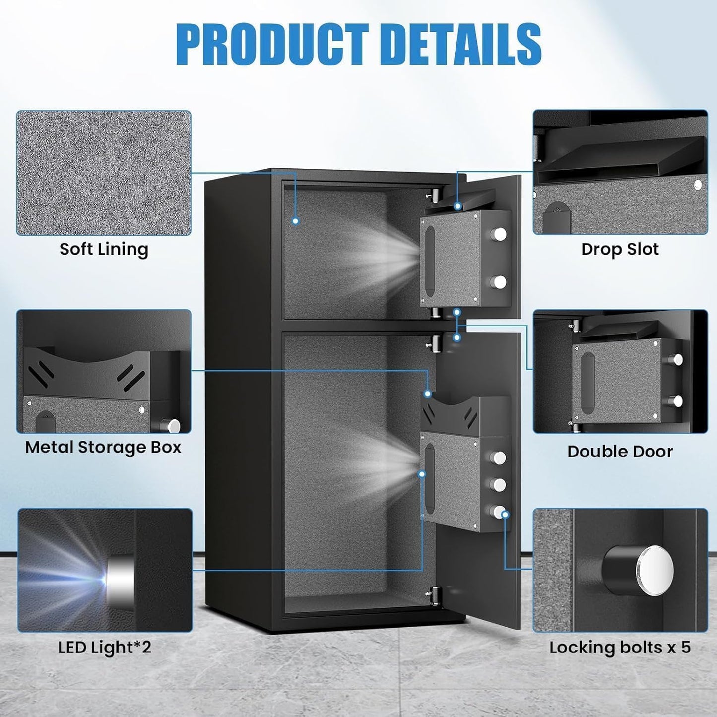 6.0 Cu ft Large Safe Box Fireproof Waterproof,with LED Light fire proof safe for home documents,Fingerprint password personal Safes with Deposit Slot & Dual Alarm System，Security Box fo Valuables