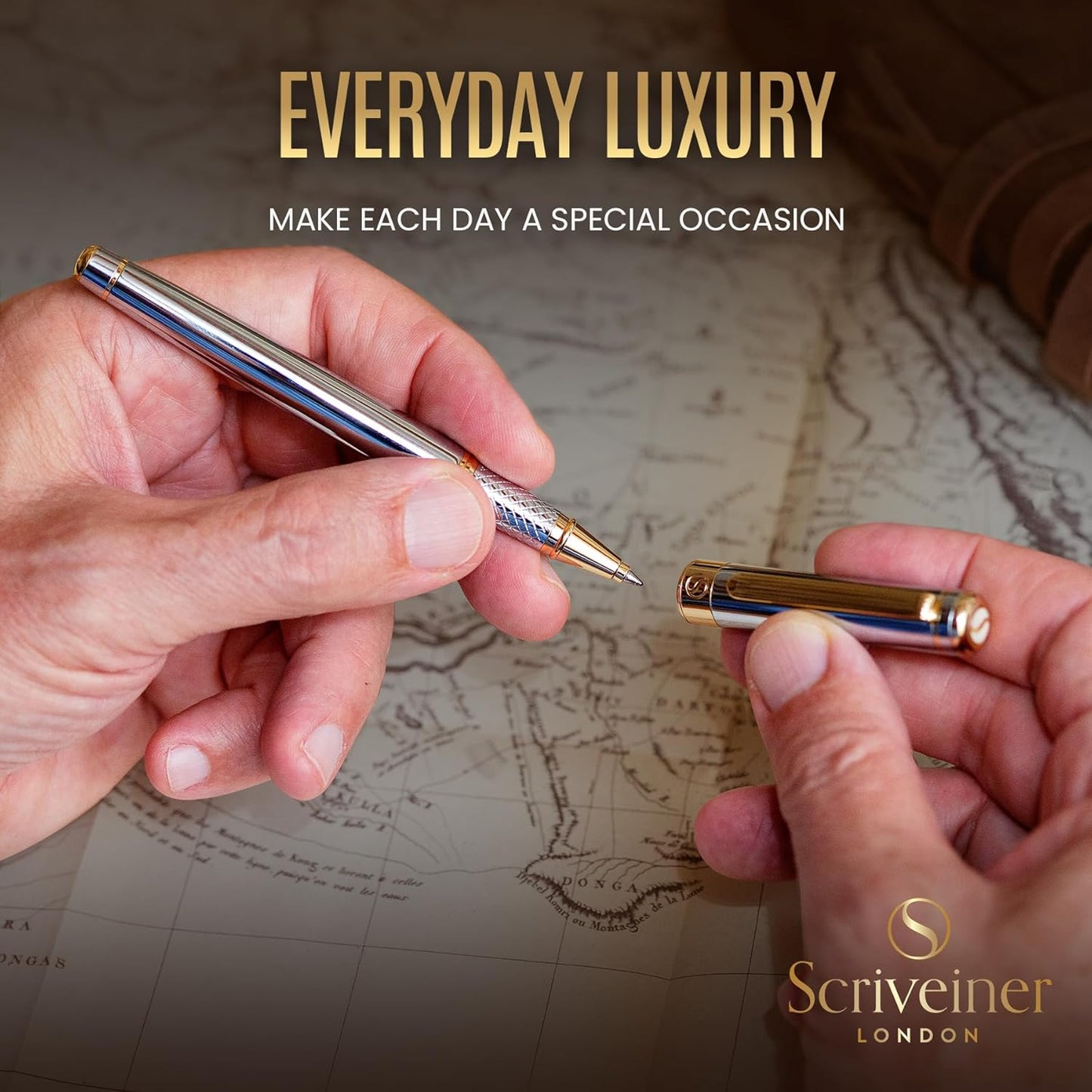 Scriveiner Personalized Silver Chrome Rollerball Pen - Stunning Luxury Pen, Real Gold Plating, Schmidt Ink Refill, Best Engraved Roller Ball Gift Set for Men & Women, Custom Name Engraving