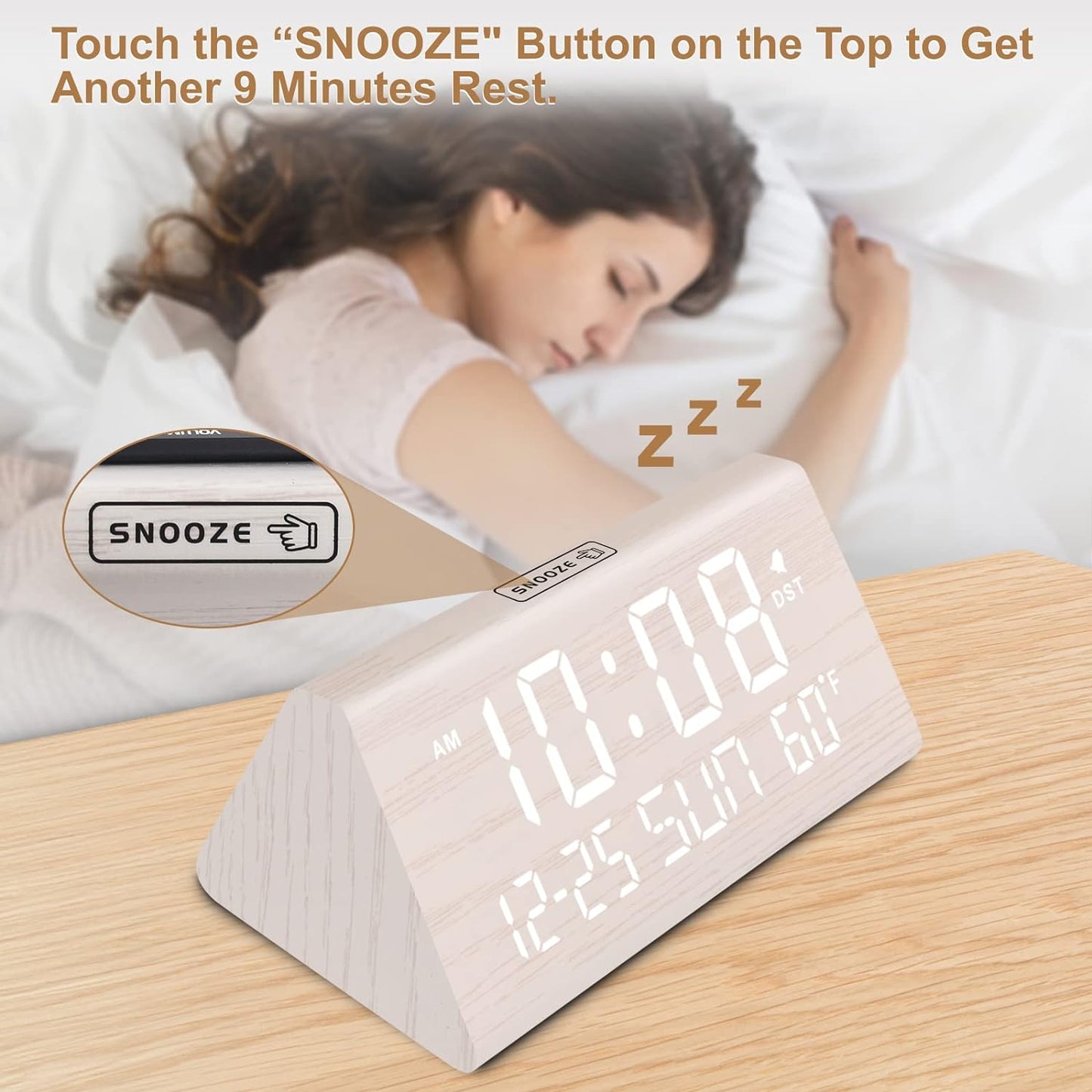 DreamSky Digital Alarm Clocks for Bedrooms - Wooden Desk Clock with Date, Day of Week, USB Port, Temperature, Dimmer for Bedside Table, Living Room, Office, Adjustable Volume, Auto DST, Wood Decor