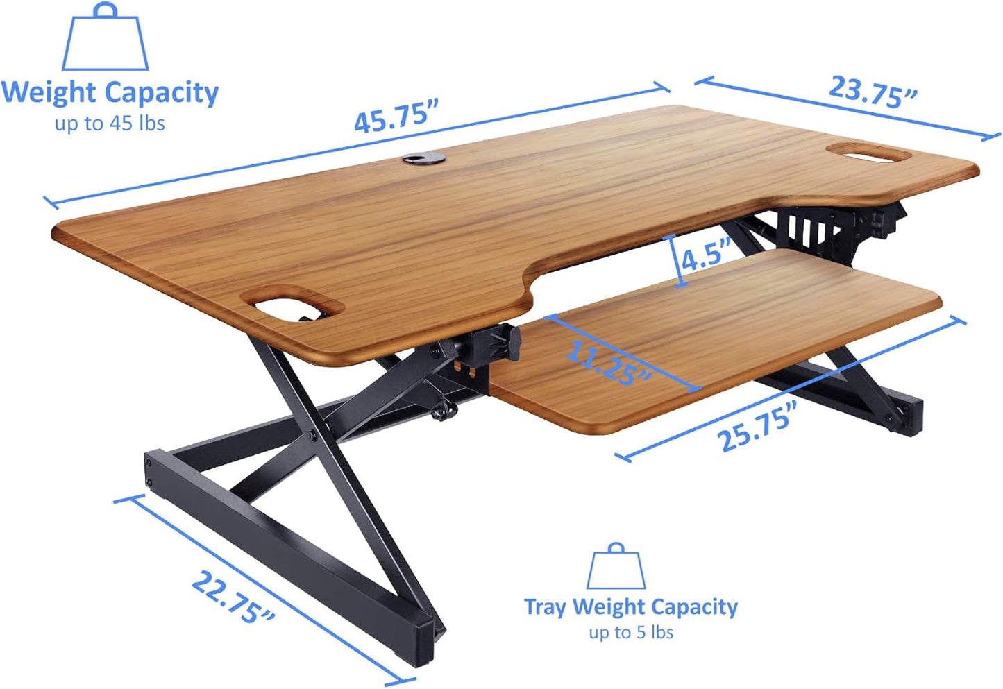 Rocelco 46" Large Height Adjustable Standing Desk Converter - Quick Sit Stand Up Triple Monitor Riser - Gas Spring Computer Workstation - Retractable Keyboard Tray - Teak Wood Grain (R DADRT-46)