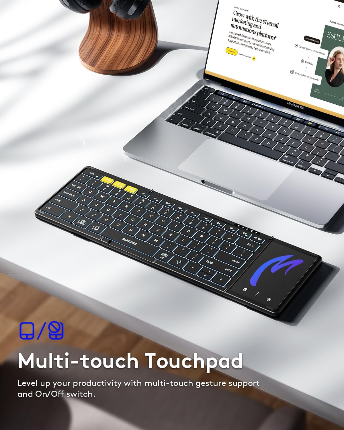Samsers Foldable Bluetooth Keyboard with Touchpad, Full-Size Wireless Folding Keyboards with Backlight, Portable Travel for iOS Android Windows Mac OS, Support 3 Device(BT5.1 x 3), Black