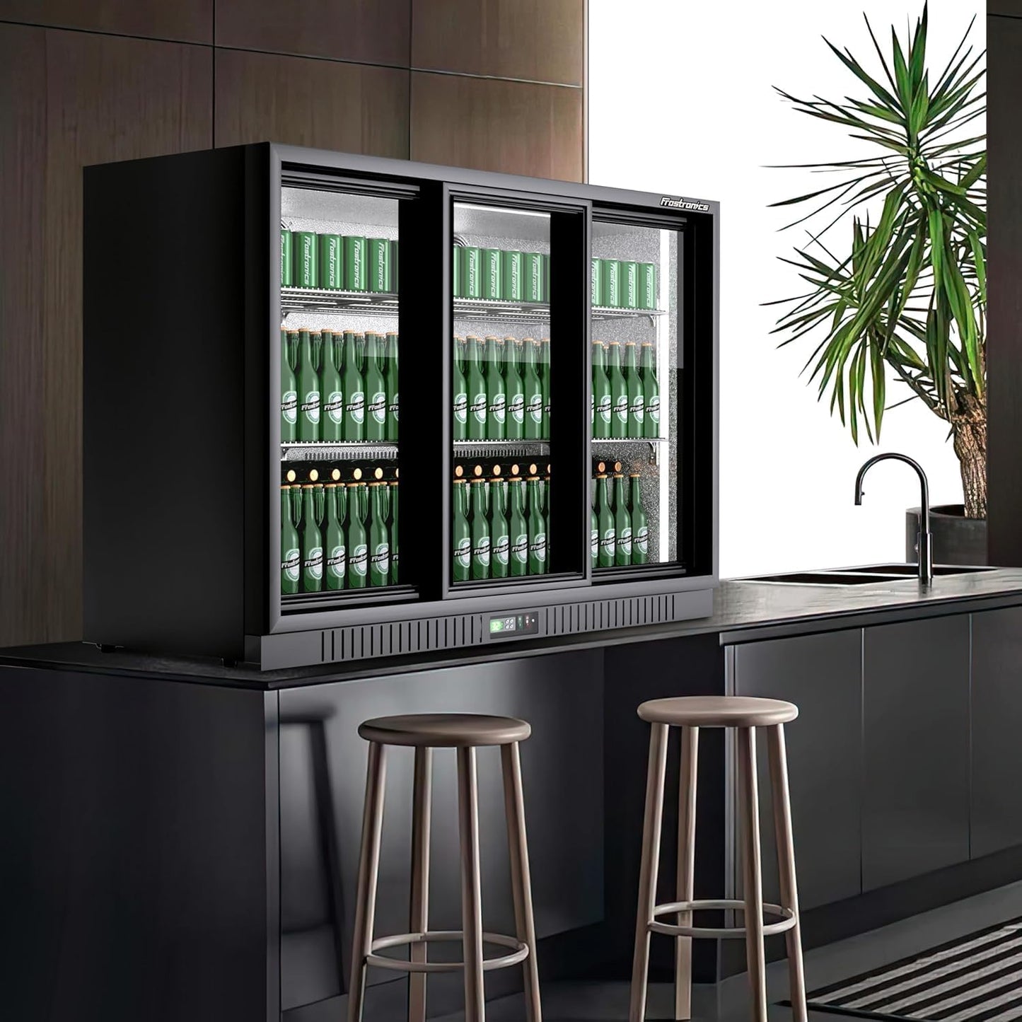 54 in. 335 cans Triple Sliding Door Back Bar Beverage Cooler, 10.8 cu. ft. Under Counter Glass Door Bar Fridge, lockable, 32-50°F Display Refrigerator, ETL & NSF7 Certified