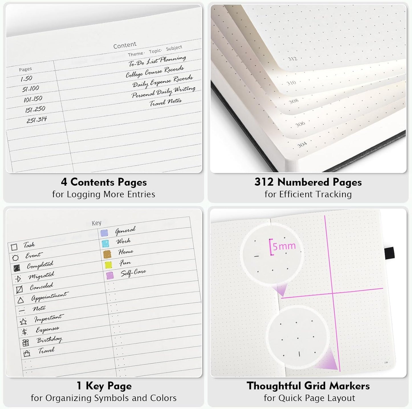 Dotted Journal Notebook, 312 Numbered Pages Large B5 Hardcover Leather Notebook, 100gsm No Bleed Paper Dot Grid Notebook with Index Pages, Dot Journal for Women Men, 7.6'' X 10'', Black